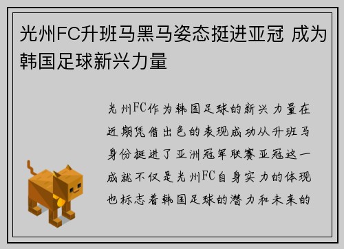 光州FC升班马黑马姿态挺进亚冠 成为韩国足球新兴力量